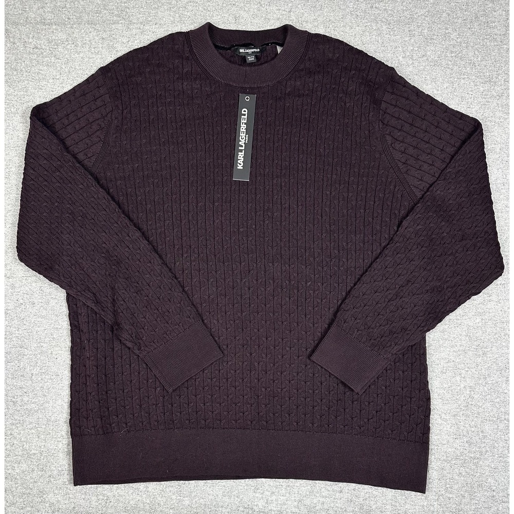 Karl Lagerfeld Paris Sweater Mens 2XL Wine Burgundy Cable Knit Crewneck Ribbed